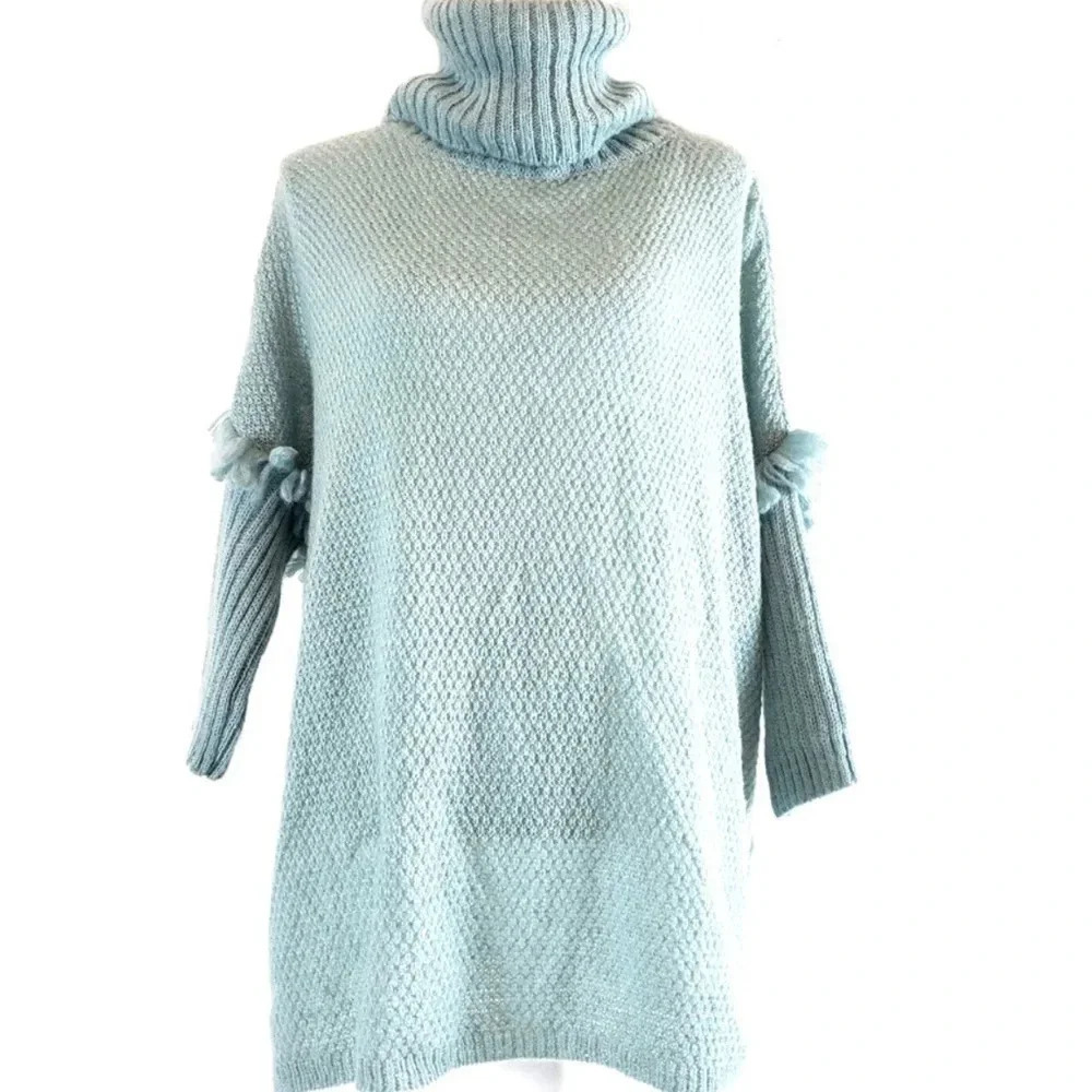 Maison Pholya Mohair Wool Blend Cowl Neck Tunic Sweater Dolman Fringe Sleeve M